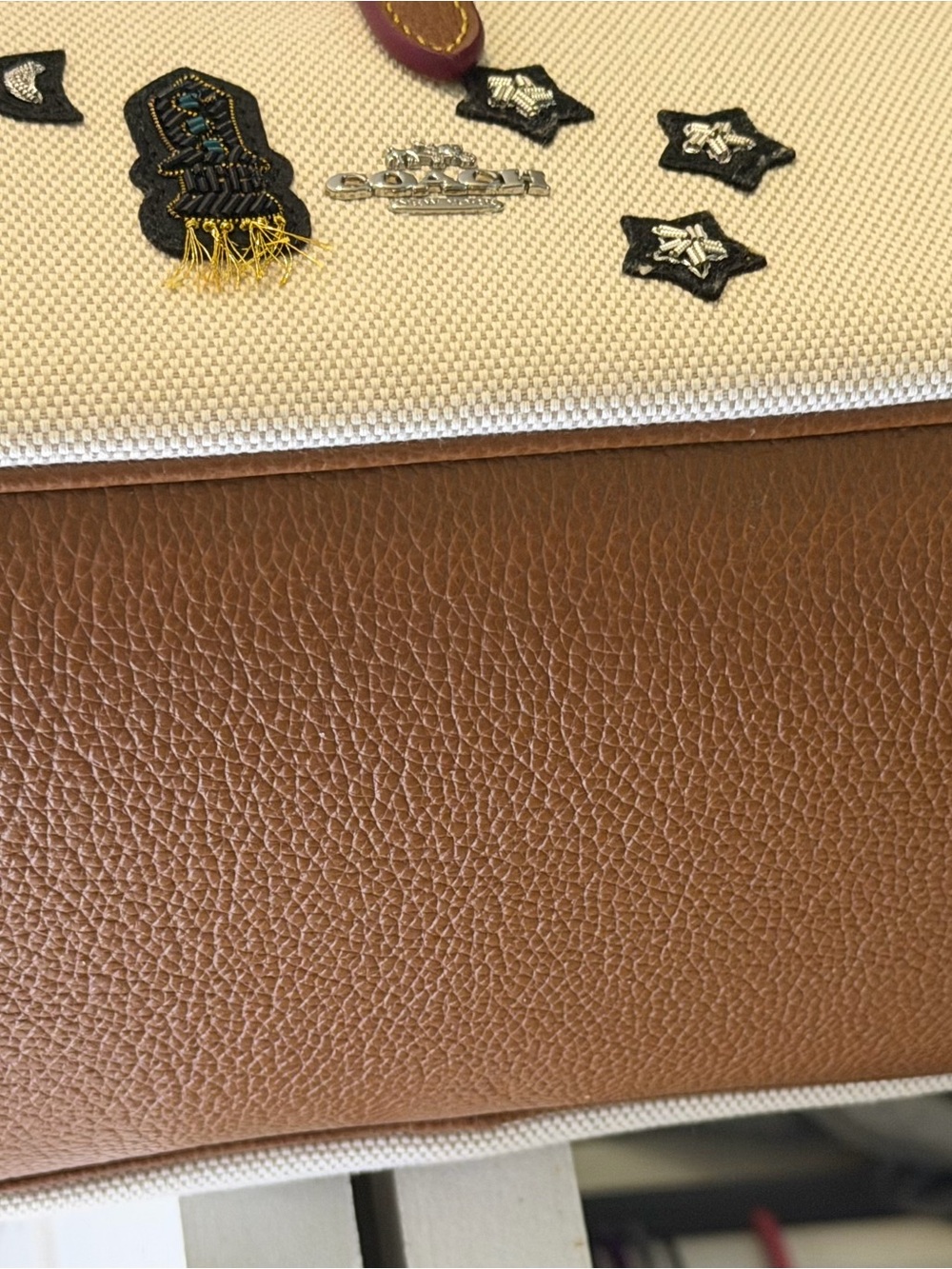 Coach Brown Leather & Cream Canvas Men’s Crossbody with Star Patches
